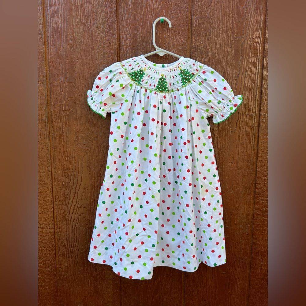 Smocked Bishops dress with Christmas Trees and red and green polka dots size 2T